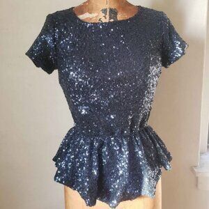 Sequin cap sleeve stretchy peplum top S, midnight blue
